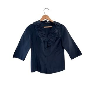 Maria‎ Pinto Navy Blue Ruffle Front 3/4 Sleeve Button Down Top